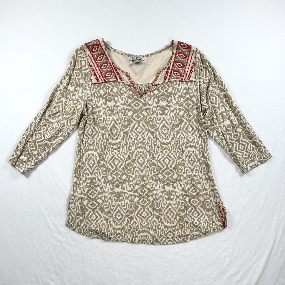 Lucky Brand Boho Top Womens Medium Beige Ikat 3/4 Sleeve Embroidered